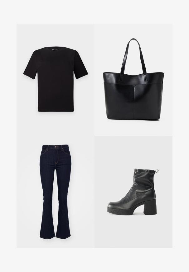 Sort kortærmet t-shirt med rund halsudskæring, lavet af blødt bomuldsstof. Enkel design, ingen synlige logoer eller mønstre.; Mørkeblå, vide jeans lavet af denim, med høj talje, fem-lomme design og kontrasterende orange syninger langs sømmene.; Sorte ankelstøvler lavet af glat læder, med en sidelukning, kraftig struktureret hæl og rundt tådesign.; Sort læder tote taske med to lange håndtag, en glat tekstur og en struktureret form. Har en forlommem for ekstra opbevaring.