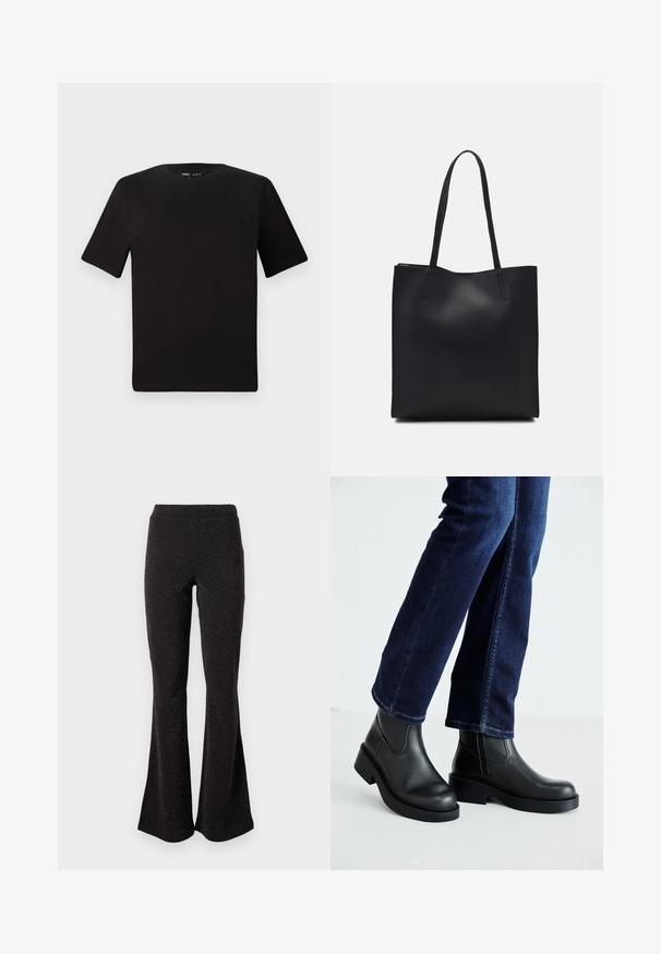 Zwarte T-shirt met korte mouwen en een ronde hals, gemaakt van zachte katoenstof. Eenvoudig ontwerp, geen zichtbare logo's of patronen.; Zwarte flared pantalons van een glinsterende stof. Ze hebben een brede tailleband en een gladde textuur met uitzetting van de knie tot de zoom.; Zwarte leren enkelboots met een dikke zool en zij-elastische panelen, gecombineerd met donkerblauwe jeans. De grond is lichtgekleurd.; Zwarte leren handtas met een gladde textuur, rechthoekige vorm en twee lange handvaten. Geen zichtbare hardware of versieringen.