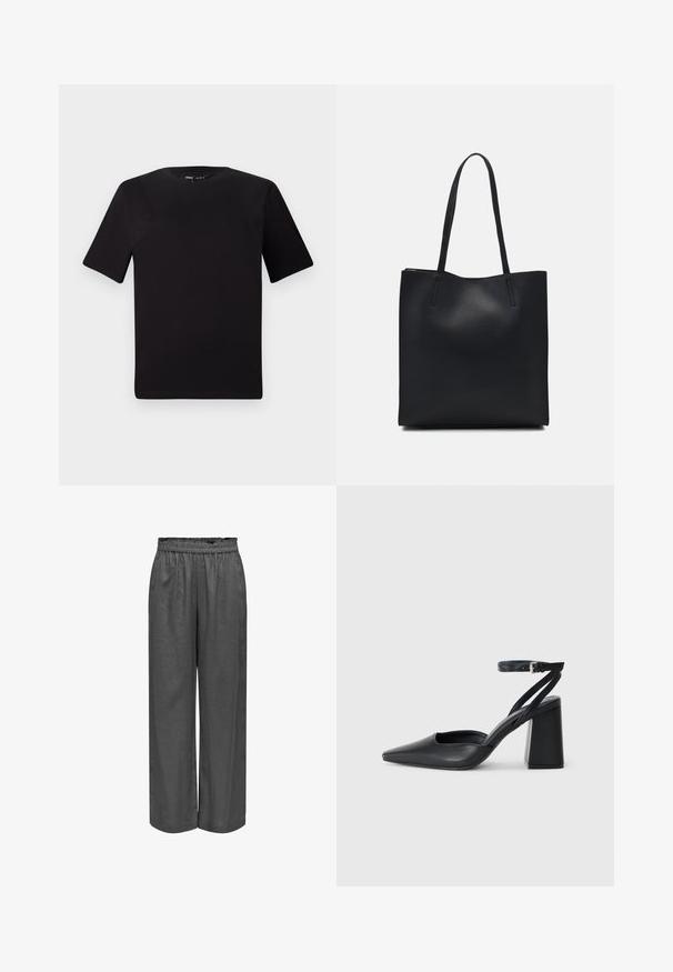 Crna majica kratkih rukava s okruglim izrezom, izrađena od mekane pamučne tkanine. Jednostavan dizajn, bez vidljivih logotipa ili uzoraka.; Sive hlače širokog kroja napravljene od mekanog materijala s elastičnom strukom. Imaju slobodan kroj i glatku teksturu.; Crne kožne cipele s špicastim vrhom, remenom oko gležnja i debelim potplatom. Ravna tekstura, elegantan dizajn i minimalistička estetika.; Crna kožna torba za nošenje s glatkom teksturom, pravokutnim oblikom i dvije duge ručke. Nema vidljivih metalnih dijelova ili ukrasa.