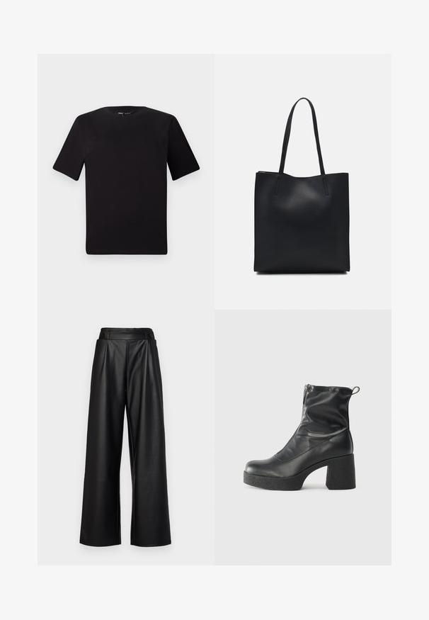 T-shirt preta de mangas curtas com decote redondo, feita de tecido de algodão suave. Design simples, sem logótipos ou padrões visíveis.; Calças pretas de perna larga feitas de couro, com uma cintura alta, pregas e dois botões circulares na frente para fecho.; Botas de tornozelo pretas feitas de couro liso, com fecho lateral, salto grosso texturizado e design de bico arredondado.; Bolsa tote preta em couro com textura lisa, forma retangular e duas alças longas. Sem hardware ou enfeites visíveis.