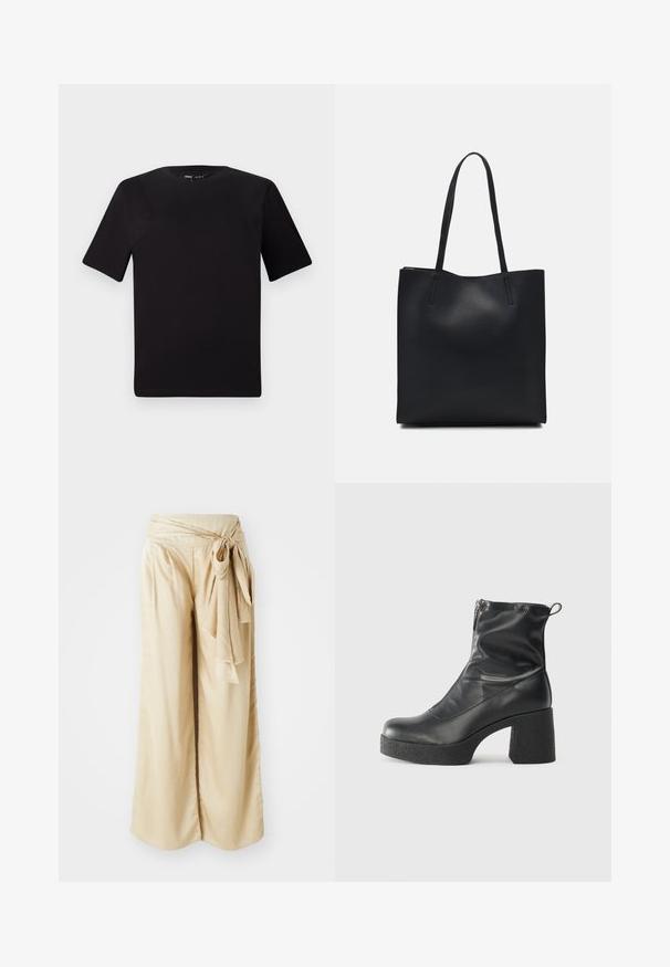 T-shirt preta de mangas curtas com decote redondo, feita de tecido de algodão suave. Design simples, sem logótipos ou padrões visíveis.; Calças de perna larga em tecido bege suave, com uma faixa na cintura envolta e detalhe de laço. Textura lisa com um design fluido.; Botas de tornozelo pretas feitas de couro liso, com fecho lateral, salto grosso texturizado e design de bico arredondado.; Bolsa tote preta em couro com textura lisa, forma retangular e duas alças longas. Sem hardware ou enfeites visíveis.