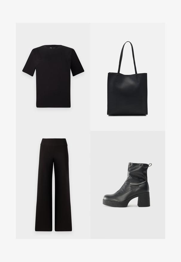 Melnas īsām piedurknēm T-krekls ar apaļu kakla izgriezumu, izgatavots no mīksta kokvilnas auduma. Vienkāršs dizains, bez redzamām logo vai rakstiem.; Melni platajā kāju bikses ar gludu jostu, izgatavotas no mīksta materiāla. Tām ir brīvs piegriezums un minimālas šuvju detaļas.; Melni potītes zābaki, kas izgatavoti no gludas ādas, ar sānu rāvējslēdzēju, masīvu strukturētu papēdi un noapaļotu purngalu.; Melnas ādas somiņa ar gludu tekstūru, taisnstūra formu un divām garām rokturiem. Nav redzamu aparatūras vai rotājumu.