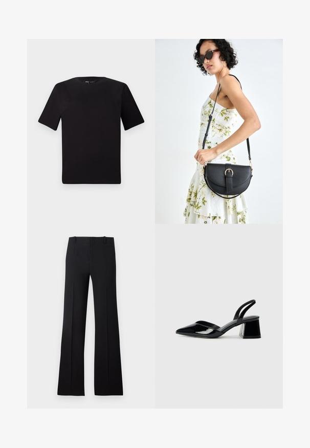 Tricou scurt negru cu mânecă scurtă și guler rotund, realizat dintr-un material de bumbac moale. Design simplu, fără logo-uri sau modele vizibile.; Pantaloni negri evazați cu o textură netedă, având o talie croită, chingi pentru curea și un design curat care se extinde până la un tiv larg.; Pantofi cu toc slingback din piele lacuită neagră, cu vârf ascuțit și toc geometric. Prezintă un design elegant, minimalist și o textură netedă.; Geantă din piele neagră, cu o formă curbată, curea detașabilă și accesorii aurii. Geanta are un capac cu un detaliu tip cataramă.