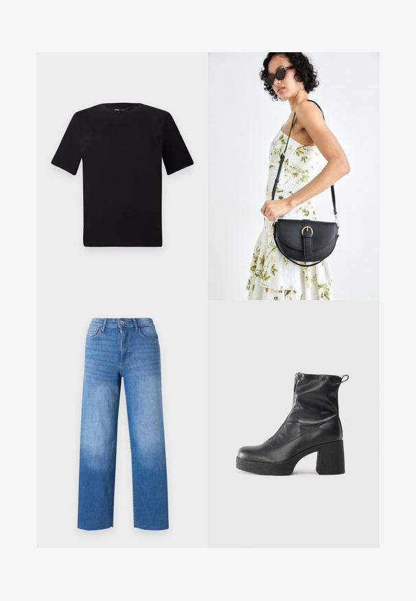 Svart t-skjorte med korte ermer og rund hals, laget av mykt bomullsstoff. Enkelt design, ingen synlige logoer eller mønstre.; Lyse blå denimjeans med vid benklipp, som har fem lommer, glidelås og subtil fading på lårene. Rene finishkanter.; Svarte ankelstøvler laget av glatt lær, med glidelås på siden, chunky strukturert hæl, og rund tå-design.; Svart lærveske med en buet form, avtagbar stropp og gullbeslag. Vesken har et klaff med spenne-detall.