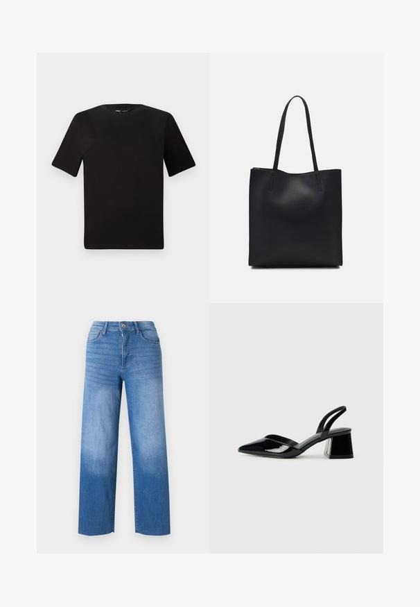 T-shirt preta de mangas curtas com decote redondo, feita de tecido de algodão suave. Design simples, sem logótipos ou padrões visíveis.; Jeans de denim azul claro com corte largo, apresentando estilo de cinco bolsos, fecho de zíper e desbotamento subtil nas coxas. Acabamentos limpos.; Sandy em verniz preto com salto slingback, ponta afilada e salto geométrico. Apresenta um design elegante e minimalista com textura suave.; Bolsa tote preta em couro com textura lisa, forma retangular e duas alças longas. Sem hardware ou enfeites visíveis.