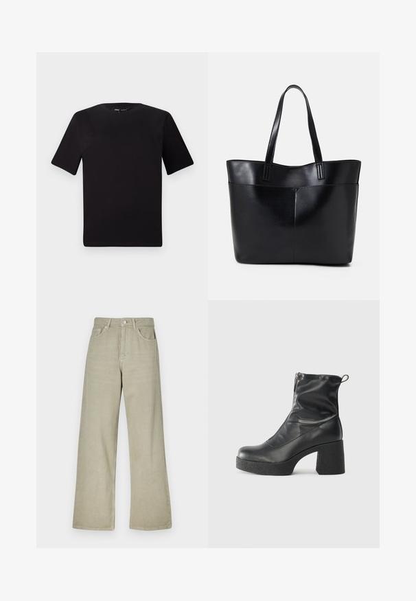 Svart kortärmad t-shirt med rund halsringning, tillverkad i mjukt bomullstyg. Enkelt mönster, utan synliga logotyper eller mönster.; Khaki vida jeans i bomullsblandning. Funkar med knappstängning, fem fickor och en ren, texturerad tygfinish.; Svarta ankelstövlar i slitstark läder, med sidodragkedja, kraftig strukturerad klack och rundad tådesign.; Svart läder tote-väska med två långa handtag, en slät yta och en strukturerad form. Har en framficka för extra förvaring.