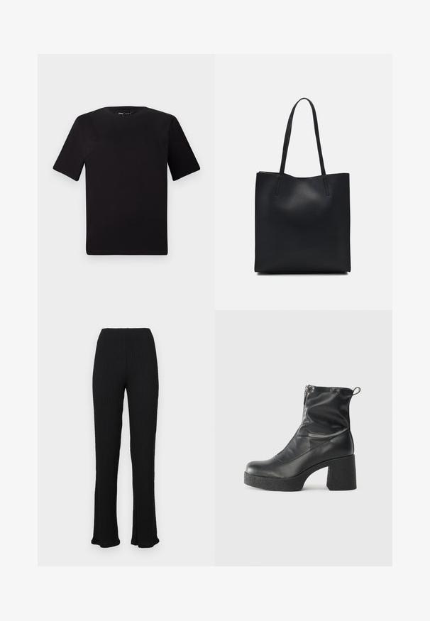 Black short-sleeve t-shirt with a round neckline, crafted from soft cotton fabric. Simple design, no visible logos or patterns.; Black ribbed trousers with a flared hem, made from a textured fabric. The waistband is elasticated for comfort. Ideal for casual wear.; Black ankle boots made of smooth leather, featuring a side zipper, chunky textured heel, and rounded toe design.; Black leather tote bag with smooth texture, rectangular shape, and two long handles. No visible hardware or embellishments.