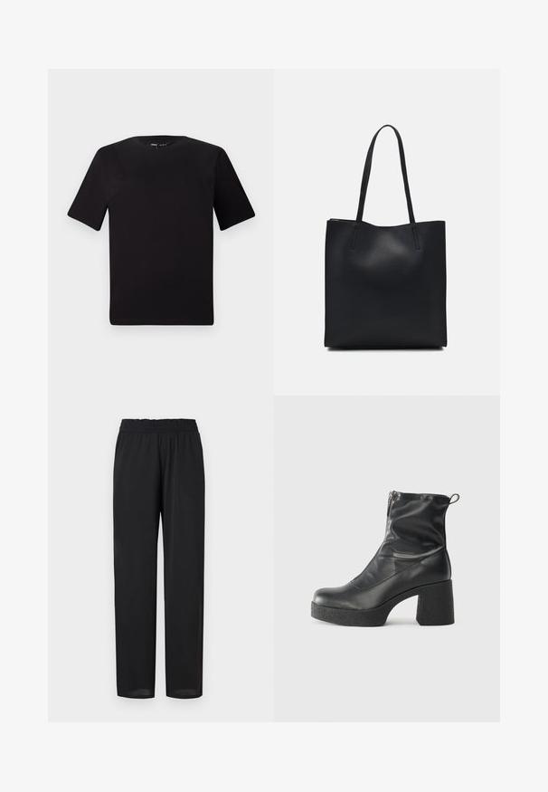 Black short-sleeve t-shirt with a round neckline, crafted from soft cotton fabric. Simple design, no visible logos or patterns.; Black, lightweight pants with a relaxed fit, featuring an elastic waistband and smooth texture. Straight legs taper slightly at the hem.; Black ankle boots made of smooth leather, featuring a side zipper, chunky textured heel, and rounded toe design.; Black leather tote bag with smooth texture, rectangular shape, and two long handles. No visible hardware or embellishments.