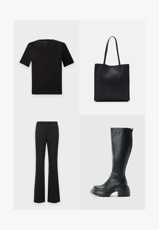 Black short-sleeve t-shirt with a round neckline, crafted from soft cotton fabric. Simple design, no visible logos or patterns.; Black flared trousers made of smooth fabric. Mid-rise waist with belt loops, flat front, and a small gold accent near the waistband.; Tall black leather boot with chunky platform sole and block heel, featuring pull tab and textured tread on outsole.; Black leather tote bag with smooth texture, rectangular shape, and two long handles. No visible hardware or embellishments.