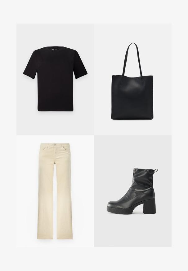 Fekete, rövid ujjú póló, kerek nyakkal, puha pamutból készült. Egyszerű dizájn, nincs látható logó vagy minta.; Beige egyenes szárú nadrág, amely pamutból készült, elülső gombos záródással, öt zsebbek és minimális varrási részletekkel rendelkezik.; Fekete bokacsizmák sima bőrből, oldalsó cipzárral, vastag, texturált sarkú és lekerekített orrú dizájnnal.; Fekete bőrtáska sima felszínnel, téglalap alakú, két hosszú füllel. Nincs látható fémkiegészítő vagy díszítés.