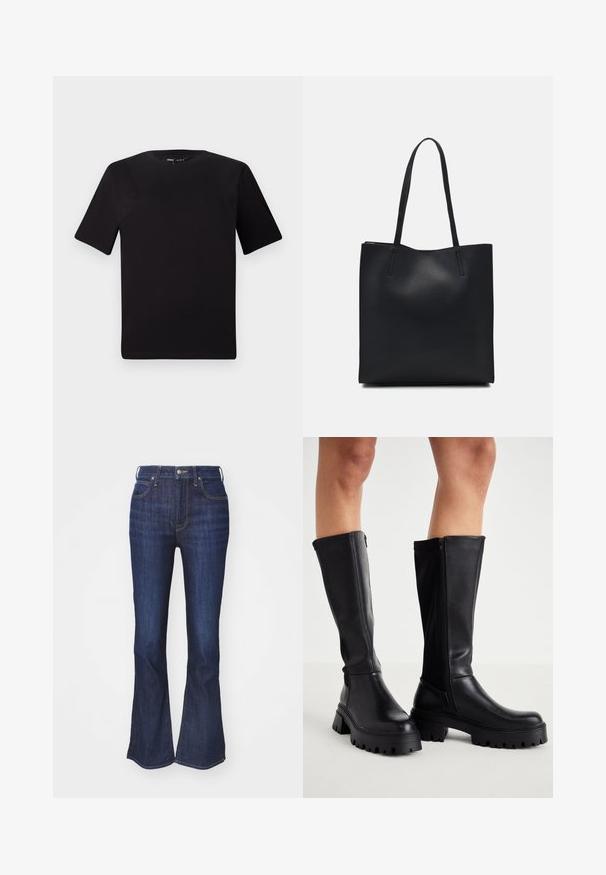 Juodas trumpas rankovės marškinėlis su apvaliu iškirpimu, pagamintas iš minkštos medvilnės medžiagos. Paprastas dizainas, be matomų logotipų ar raštų.; Tamsiai mėlyni džinsai su platėjančiomis kojomis, turintys priekinį mygtuką ir užtrauktuką, penkių kišenių stilius su kontrastinga siūle.; Juodi iki kelių auliniai batai, pagaminti iš glotnaus dirbtinio oda, su masyviu padu, šoniniu užtrauktuku ir apvalia nosimi.; Juodas odinis tote krepšys su lygia tekstūra, stačiakampio formos ir dviem ilgais rankenomis. Matomų metalinių detalių ar puošybos nėra.