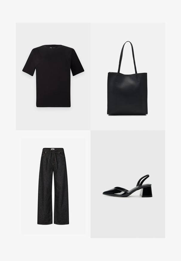 Musta lyhythihainen t-paita pyöreällä kaula-aukolla, valmistettu pehmeästä puuvillakankaasta. Yksinkertainen malli, ei näkyviä logoja tai kuvioita.; Tumma denim-laajalahkeiset housut, joissa on korkea vyötärö, solmittava vyö ja kontrastiväriset oranssit saumat. Housuissa on klassinen viiden taskun malli.; Mustat patentoitu nahkakengät, joissa on säären takaosa ja terävä kärki, sekä geometrinen palikkakorko. Sisältää tyylikkään, minimalistisen muotoilun ja sileän pinnan.; Mustapahkainen kangaskassi, jossa on sileä pinta, suorakaiteen muotoinen ja kaksi pitkää kahvaa. Ei näkyvää metalliosaa tai koristeita.