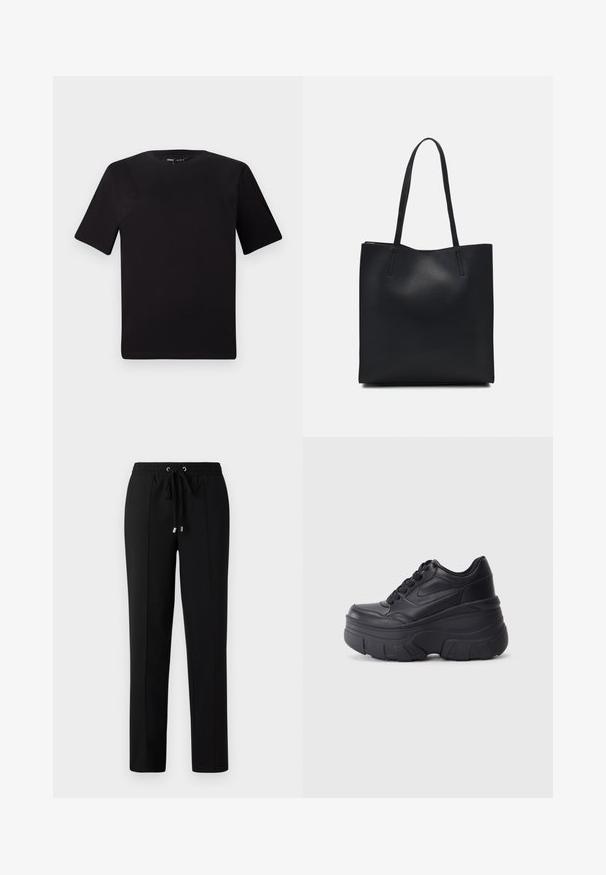 T-shirt noir à manches courtes avec un col rond, fabriqué en coton doux. Design simple, sans logos ni motifs visibles.; Pantalons noirs avec une taille élastique, un cordon de serrage et des accents en métal doré. Le tissu a une texture lisse avec un design à jambes droites.; Baskets noires à lacets avec une semelle épaisse, présentant un dessus en cuir lisse, un bout arrondi et un design de plateforme en couches distinct.; Sac fourre-tout en cuir noir avec une texture lisse, de forme rectangulaire et deux longues poignées. Pas de matériel ou d'ornementations visibles.