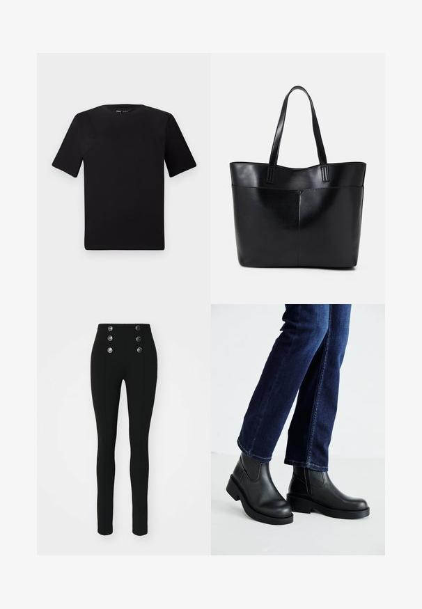 Zwarte T-shirt met korte mouwen en een ronde hals, gemaakt van zachte katoenstof. Eenvoudig ontwerp, geen zichtbare logo's of patronen.; ONLY ONLNORI LEGGING - Legging - black; Zwarte leren enkelboots met een dikke zool en zij-elastische panelen, gecombineerd met donkerblauwe jeans. De grond is lichtgekleurd.; Zwarte leren tote bag met twee lange handvatten, een zachte textuur en een gestructureerde vorm. Voorzien van een voorvak voor extra opslagruimte.