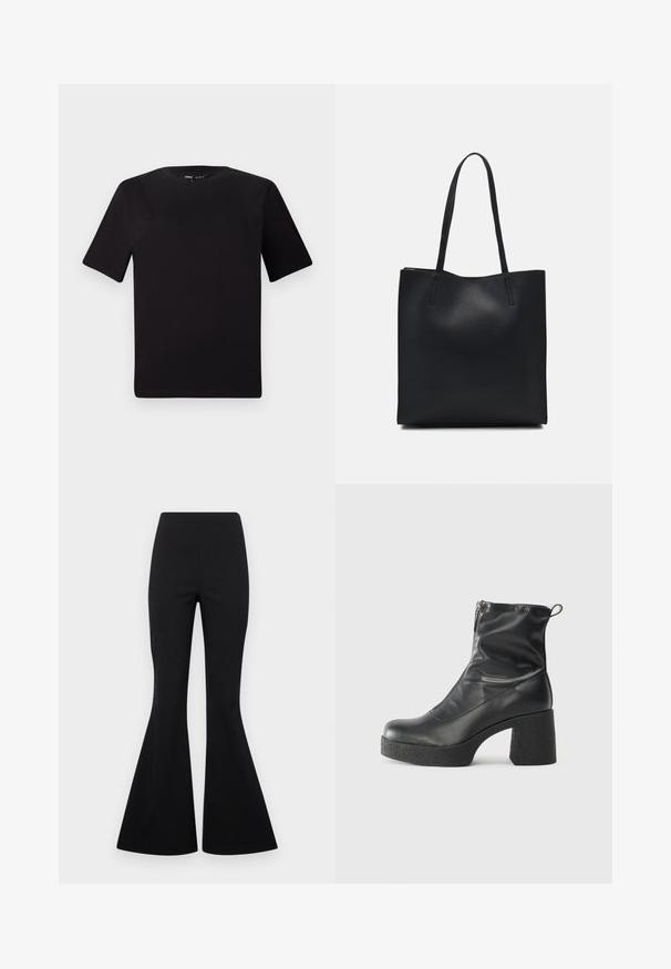 Musta lyhythihainen t-paita pyöreällä kaula-aukolla, valmistettu pehmeästä puuvillakankaasta. Yksinkertainen malli, ei näkyviä logoja tai kuvioita.; Mustat levenevät housut, jotka on valmistettu joustavasta kankaasta, jossa on sileä pinta. Housuissa on korkea vyötärö ja leveät, kellotyyppiset lahkeet.; Mustat nilkkurit, jotka on valmistettu sileästä nahasta. Niissä on sivuvetoketju, paksu teksturoitu korko ja pyöristetty kärki.; Mustapahkainen kangaskassi, jossa on sileä pinta, suorakaiteen muotoinen ja kaksi pitkää kahvaa. Ei näkyvää metalliosaa tai koristeita.