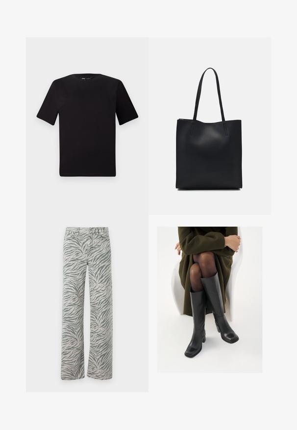Black short-sleeve t-shirt with a round neckline, crafted from soft cotton fabric. Simple design, no visible logos or patterns.; Light gray jeans with a tiger stripe pattern in dark gray. They feature a straight-leg design and traditional denim stitching.; Knee-high black leather boots with a squared toe and block heel, shown with a model seated in an olive green coat. Smooth texture, minimal detailing.; Black leather tote bag with smooth texture, rectangular shape, and two long handles. No visible hardware or embellishments.