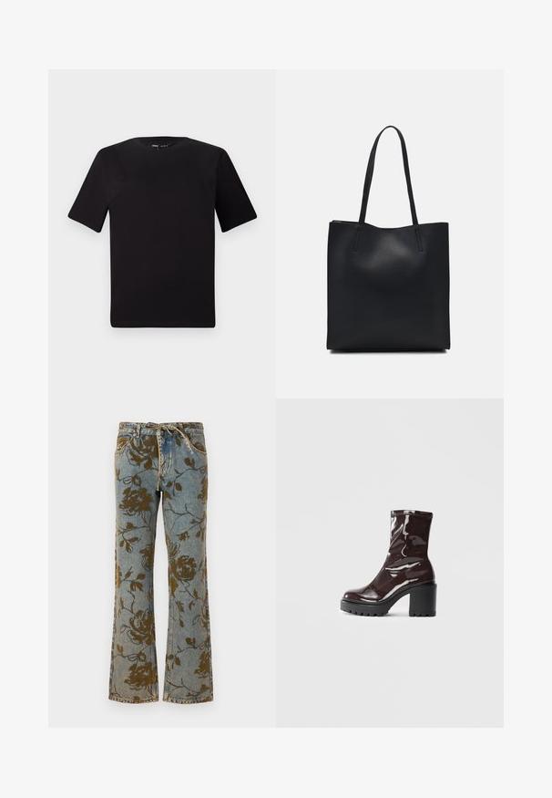 Melnas īsām piedurknēm T-krekls ar apaļu kakla izgriezumu, izgatavots no mīksta kokvilnas auduma. Vienkāršs dizains, bez redzamām logo vai rakstiem.; Zilnīgās džinses gaiši zilā denimā ar visā virsmā esošu tumši brūnu ziedu rakstu. Redzamās šuves un aukliņu jostas detaļas.; Spīdīgas bordo potīšu botītes ar masīlu melnu papēdi, kurām ir gluda tekstūra un vienkāršs dizains. Nav redzamu aizdari vai rakstu.; Melnas ādas somiņa ar gludu tekstūru, taisnstūra formu un divām garām rokturiem. Nav redzamu aparatūras vai rotājumu.
