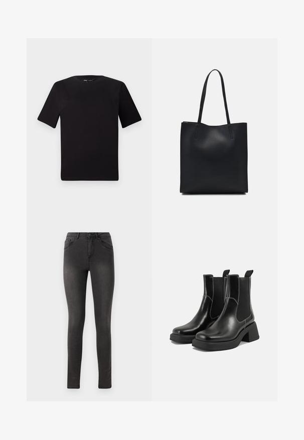 T-shirt preta de mangas curtas com decote redondo, feita de tecido de algodão suave. Design simples, sem logótipos ou padrões visíveis.; Calças jeans skinny pretas com uma textura de denim suave, design de cinco bolsos e fecho de botão metálico na cintura.; Botas Chelsea em couro preto com um salto grosso, painéis laterais elásticos e costura branca em contraste. Acabamento texturizado.; Bolsa tote preta em couro com textura lisa, forma retangular e duas alças longas. Sem hardware ou enfeites visíveis.