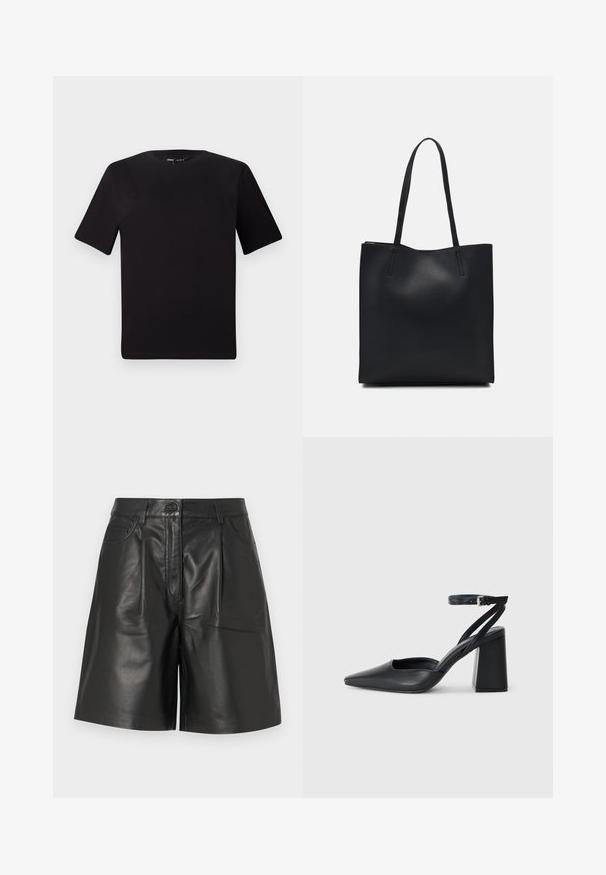 Melnas īsām piedurknēm T-krekls ar apaļu kakla izgriezumu, izgatavots no mīksta kokvilnas auduma. Vienkāršs dizains, bez redzamām logo vai rakstiem.; Melnas ādas šorti ar gludu faktūru, tajos ir priekšējā pogu aizdare, divas kabatas un pielāgota taisna griezuma dizains.; Melna ādas augstpapēžu kurpe ar norakstīto purngala formu, potītes siksniņu un masīlu papēdi. Gluda tekstūra, elegants dizains un minimālisma estētika.; Melnas ādas somiņa ar gludu tekstūru, taisnstūra formu un divām garām rokturiem. Nav redzamu aparatūras vai rotājumu.