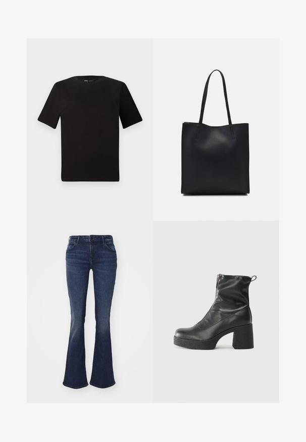 T-shirt noir à manches courtes avec un col rond, fabriqué en coton doux. Design simple, sans logos ni motifs visibles.; Jean flare bleu foncé en denim, avec une taille ajustée, un design à cinq poches et une légère décoloration pour une texture au niveau des cuisses et des genoux.; Bottes noires à la cheville en cuir lisse, dotées d'une fermeture éclair sur le côté, d'un talon épais texturé et d'une conception à bout rond.; Sac fourre-tout en cuir noir avec une texture lisse, de forme rectangulaire et deux longues poignées. Pas de matériel ou d'ornementations visibles.