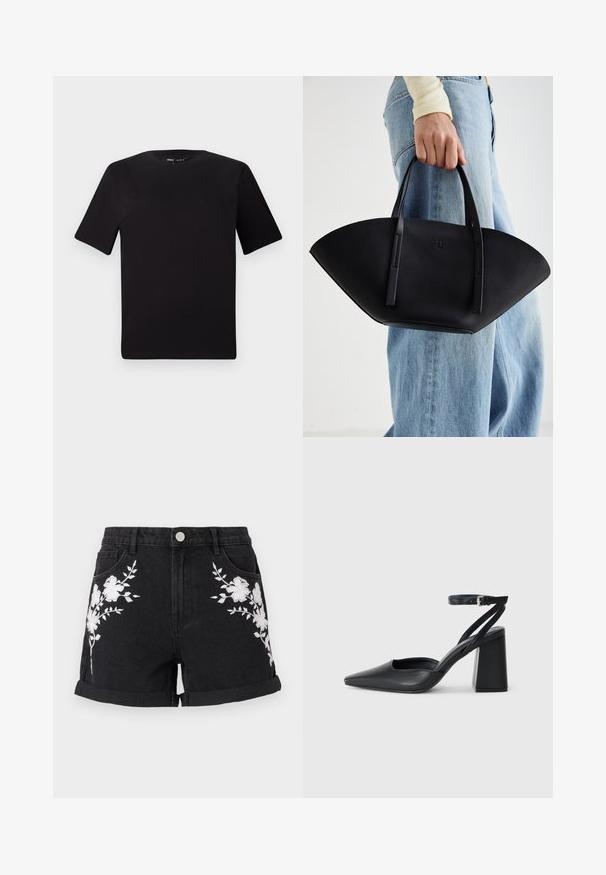 T-shirt preta de mangas curtas com decote redondo, feita de tecido de algodão suave. Design simples, sem logótipos ou padrões visíveis.; Calções de ganga pretos com bainhas viradas para cima, apresentando bordados florais brancos de ambos os lados e um design de cinco bolsos com fecho em botão prateado.; Sandal com biqueira afilada em couro preto, com cinta no tornozelo e salto grosso. Textura lisa, design elegante e estética minimalista.; Bolsa de mão em couro preto com uma forma única em leque, apresentando alças planas. A superfície tem uma textura pebble e um design minimalista.