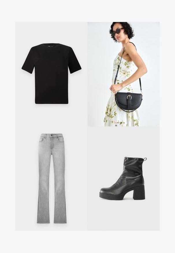 Czarna koszulka z krótkim rękawem o okrągłym dekolcie, wykonana z miękkiej bawełny. Prosty design, bez widocznych logo ani wzorów.; Jasnoszare jeansy dzwonowe o gładkiej fakturze denimu, z przednimi kieszeniami i zapięciem na guzik. Dół ma boczne rozcięcia, co dodaje charakteru.; Czarne botki za kostkę wykonane z gładkiej skóry, wyposażone w boczny zamek błyskawiczny, masywny teksturowany obcas oraz zaokrąglony czubek.; Czarna skórzana torebka o zakrzywionym kształcie, z odpinanym paskiem i złotymi akcentami. Torebka posiada klapę z zapięciem w kształcie klamry.