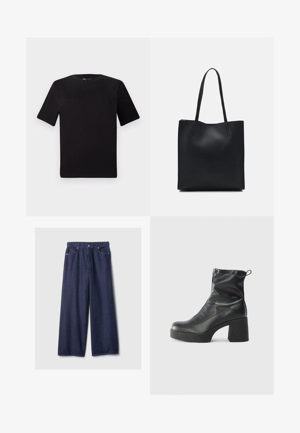 Črna majica s kratkimi rokavi in okroglim izrezom, izdelana iz mehkega bombažnega materiala. Preprost dizajn, brez vidnih logotipov ali vzorcev.; Široke denim hlače temno modre barve z gladko teksturo, z zadrgo, sprednjimi žepi in kovinskimi detajli.; Črne gležnjarje iz gladke kože z božnim zadrgo, masivnim teksturiranim peto in zaobljeno obliko prstov.; Črna usnjena torba s svilnato teksturo, pravokotne oblike in dvema dolgima ročajema. Brez vidnih metalnih delov ali okrasnih elementov.