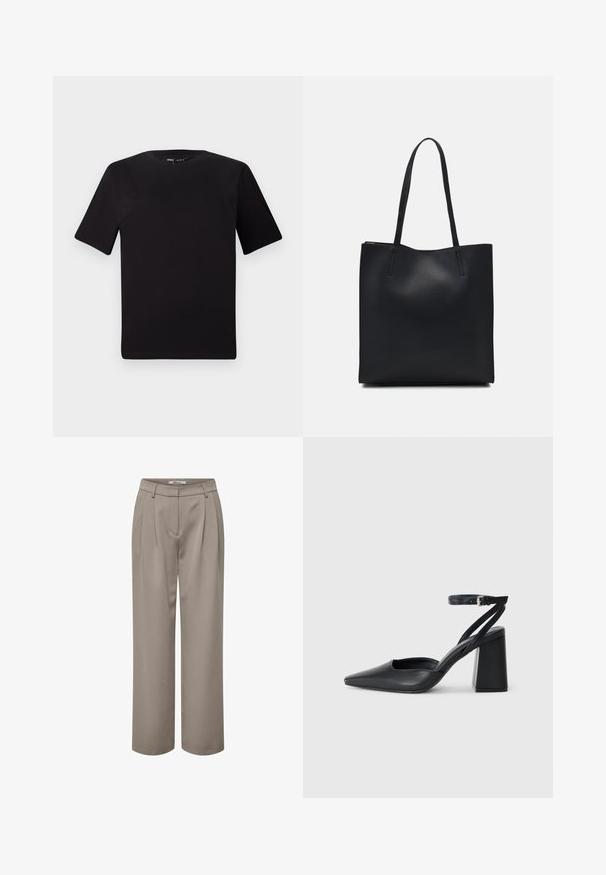 T-shirt noir à manches courtes avec un col rond, fabriqué en coton doux. Design simple, sans logos ni motifs visibles.; Pantalons larges beige clair, avec des plis, une texture lisse et un design de taille épuré. Simples et polyvalents pour diverses tenues.; Escarpin noir en cuir à bout pointu avec une bride de cheville et un talon épais. Texture lisse, design élégant et esthétique minimaliste.; Sac fourre-tout en cuir noir avec une texture lisse, de forme rectangulaire et deux longues poignées. Pas de matériel ou d'ornementations visibles.