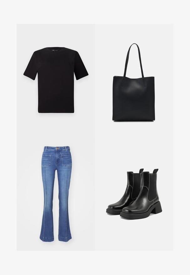 Black short-sleeve t-shirt with a round neckline, crafted from soft cotton fabric. Simple design, no visible logos or patterns.; Flared denim jeans in medium blue wash, featuring a high waist, five pockets, and visible stitching along the flared hem.; Black leather Chelsea boots with a chunky heel, elastic side panels, and contrasting white stitching. Textured finish.; Black leather tote bag with smooth texture, rectangular shape, and two long handles. No visible hardware or embellishments.
