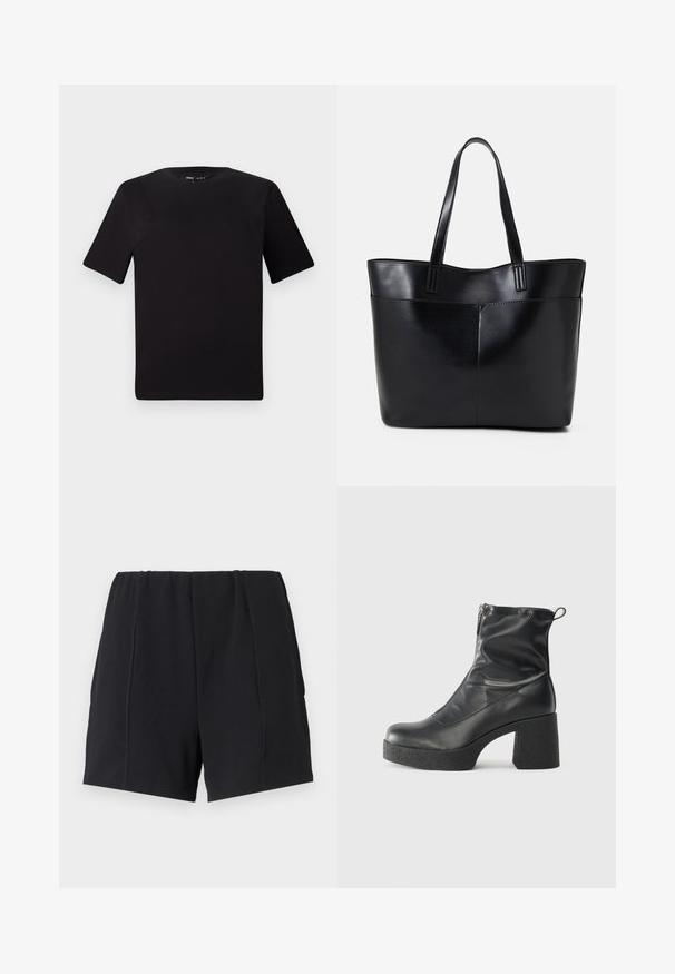 Black short-sleeve t-shirt with a round neckline, crafted from soft cotton fabric. Simple design, no visible logos or patterns.; Black athletic shorts with an elastic waistband, featuring flatlock seams, a relaxed fit, and smooth texture. No pockets or embellishments.; Black ankle boots made of smooth leather, featuring a side zipper, chunky textured heel, and rounded toe design.; Black leather tote bag with two long handles, a smooth texture, and a structured shape. Features a front pocket for additional storage.