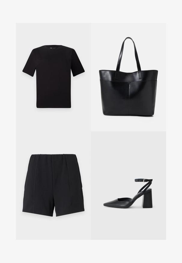 Crna majica kratkih rukava s okruglim izrezom, izrađena od mekane pamučne tkanine. Jednostavan dizajn, bez vidljivih logotipa ili uzoraka.; Crne sportske kratke hlače s elastičnim pojasom, s ravnim šavovima, opuštenog kroja i glatke teksture. Bez džepova ili ukrasa.; Crne kožne cipele s špicastim vrhom, remenom oko gležnja i debelim potplatom. Ravna tekstura, elegantan dizajn i minimalistička estetika.; Crna kožna torba s dugim ručkama, glatkom teksturom i strukturiranim oblikom. Ima prednju džep za dodatno pohranu.