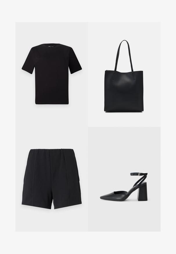 Svart t-skjorte med korte ermer og rund hals, laget av mykt bomullsstoff. Enkelt design, ingen synlige logoer eller mønstre.; Sorte idrettsshorts med elastisk midje, med flatlock-sømmer, avslappet passform og glatt tekstur. Ingen lommer eller pynt.; Svart lær pumps med spiss tå, ankelrem og kraftig hæl. Flat tekstur, strømlinjeformet design og minimalisme.; Svart lær tote bag med glatt tekstur, rektangulær form og to lange håndtak. Ingen synlige deler eller dekorasjoner.