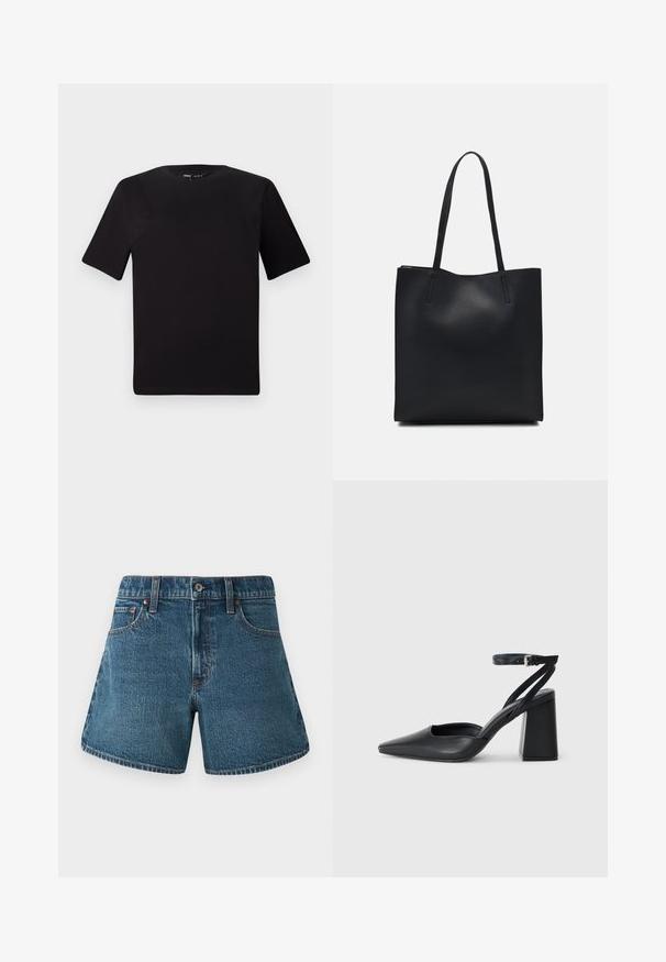 Must olema lühikeste varrukatega must t-särk ümmarguse kaelusega, valmistatud pehmest puuvillast kangast. Lihtne disain, ilma nähtavate logode või mustriteta.; Keskmise sinise tooni denimist lühikesed püksid sirge lõikega, traditsioonilise viie tasku disainiga ning kontrastõmblustega servades.; Mustmustest must-käigukingad, millel on konksuga nöör ja paks konts. Ühtlane tekstuur, stiilne disain ja minimalistlik esteetika.; Mustast nahast kott sujuva tekstuuriga, ristkülikukujuline ja kahe pika sangaga. Pole nähtavat riistvara ega kaunistusi.