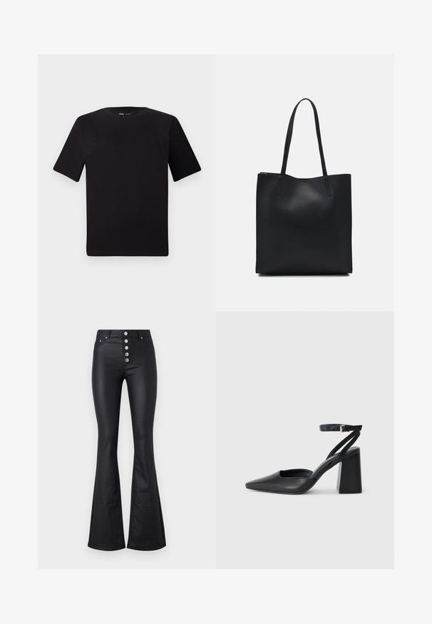 Svart kortärmad t-shirt med rund halsringning, tillverkad i mjukt bomullstyg. Enkelt mönster, utan synliga logotyper eller mönster.; Svarta utsvängda byxor i mjukt, stretchigt material med hög midja och fem metallicknappar framtill. Har två sidofickor.; Svart läderpumps med spetsig tå, ankelrem och kraftig klack. Slät textur, stilren design och minimalistisk estetik.; Svart lädertoffelväska med slät textur, rektangulär form och två långa handtag. Ingen synlig hårdvara eller dekorationer.