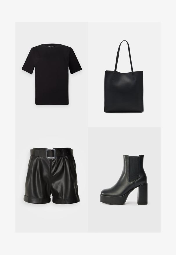 Black short-sleeve t-shirt with a round neckline, crafted from soft cotton fabric. Simple design, no visible logos or patterns.; Black leather shorts with a wide waistband and a silver buckle. Features pleated front and rolled cuffs. Smooth texture and tailored design.; Black leather ankle boot with a chunky block heel, elastic side panels, and a smooth texture. Features a platform sole for added height.; Black leather tote bag with smooth texture, rectangular shape, and two long handles. No visible hardware or embellishments.