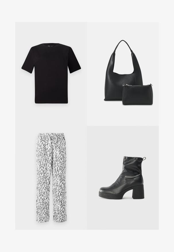 Fekete, rövid ujjú póló, kerek nyakkal, puha pamutból készült. Egyszerű dizájn, nincs látható logó vagy minta.; Fekete-fehér mintás nadrág, gumis derékrésszel és zsinórral, laza, egyenes szárú kialakítással és puha tapintással.; Fekete bokacsizmák sima bőrből, oldalsó cipzárral, vastag, texturált sarkú és lekerekített orrú dizájnnal.; Even&Odd Kézitáska - black