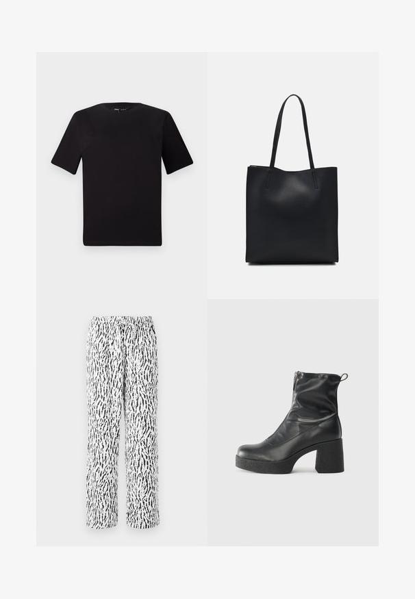 Musta lyhythihainen t-paita pyöreällä kaula-aukolla, valmistettu pehmeästä puuvillakankaasta. Yksinkertainen malli, ei näkyviä logoja tai kuvioita.; Housut, joissa on musta-valkoinen kuvio, joustava vyötärö ja kiristysnaru, löysä suora lahje ja pehmeä rakenne.; Mustat nilkkurit, jotka on valmistettu sileästä nahasta. Niissä on sivuvetoketju, paksu teksturoitu korko ja pyöristetty kärki.; Mustapahkainen kangaskassi, jossa on sileä pinta, suorakaiteen muotoinen ja kaksi pitkää kahvaa. Ei näkyvää metalliosaa tai koristeita.