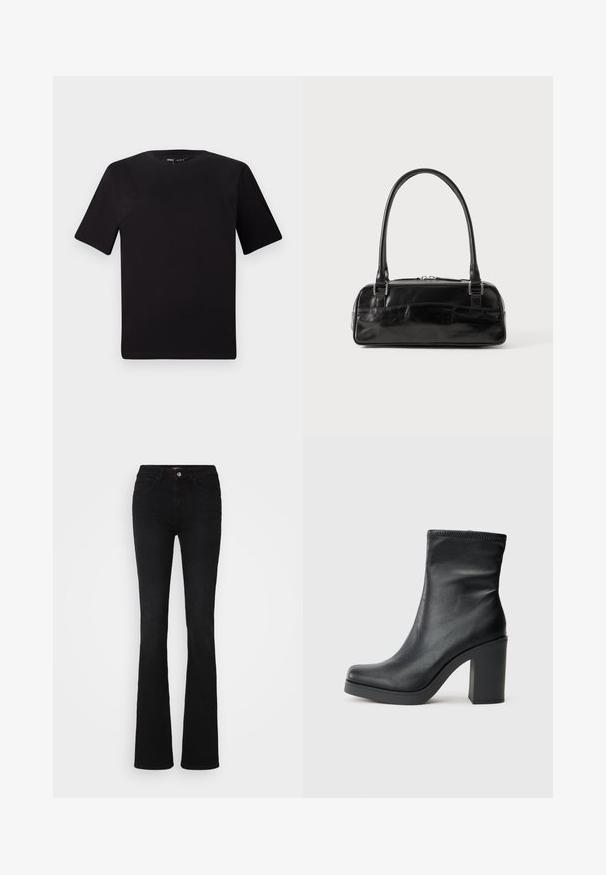 Black short-sleeve t-shirt with a round neckline, crafted from soft cotton fabric. Simple design, no visible logos or patterns.; Black flared jeans made from denim, featuring a classic five-pocket design, subtle stitching, and a front button closure.; Black leather ankle boot with a high block heel, smooth texture, fitted design, and stitched detailing at the top.; Black leather handbag with a rectangular shape, featuring a single structured handle, silver hardware, and zip closure. Smooth texture.
