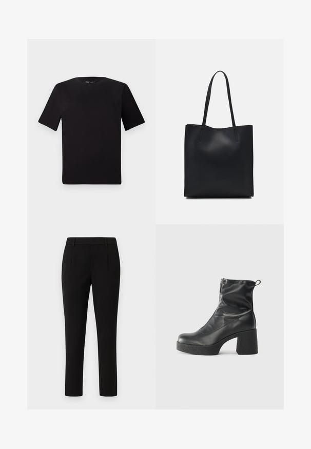 Black short-sleeve t-shirt with a round neckline, crafted from soft cotton fabric. Simple design, no visible logos or patterns.; Black tailored trousers with a straight leg design, made of smooth fabric. Features flat front, belt loops, and no pockets.; Black ankle boots made of smooth leather, featuring a side zipper, chunky textured heel, and rounded toe design.; Black leather tote bag with smooth texture, rectangular shape, and two long handles. No visible hardware or embellishments.