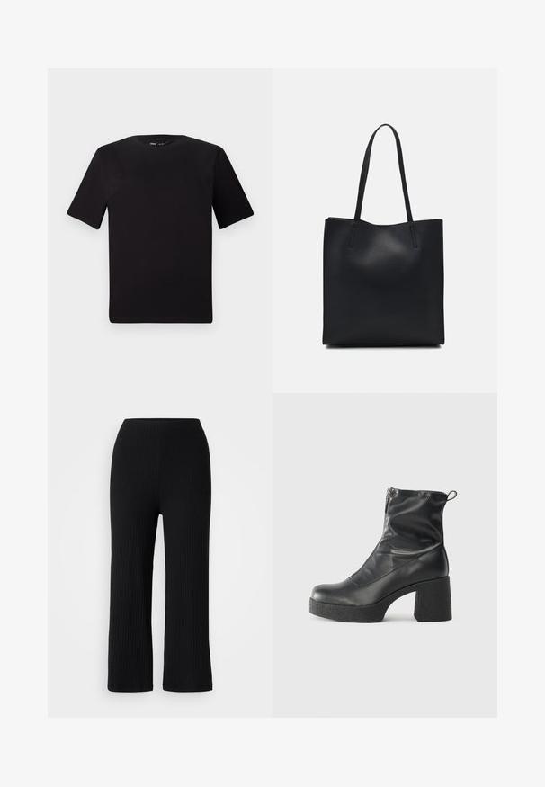 Črna majica s kratkimi rokavi in okroglim izrezom, izdelana iz mehkega bombažnega materiala. Preprost dizajn, brez vidnih logotipov ali vzorcev.; Črne rebraste široke hlače z elastičnim pasom, narejene iz teksturirane tkanine in ravnega kroja, primerne za vsakodnevno nošenje.; Črne gležnjarje iz gladke kože z božnim zadrgo, masivnim teksturiranim peto in zaobljeno obliko prstov.; Črna usnjena torba s svilnato teksturo, pravokotne oblike in dvema dolgima ročajema. Brez vidnih metalnih delov ali okrasnih elementov.