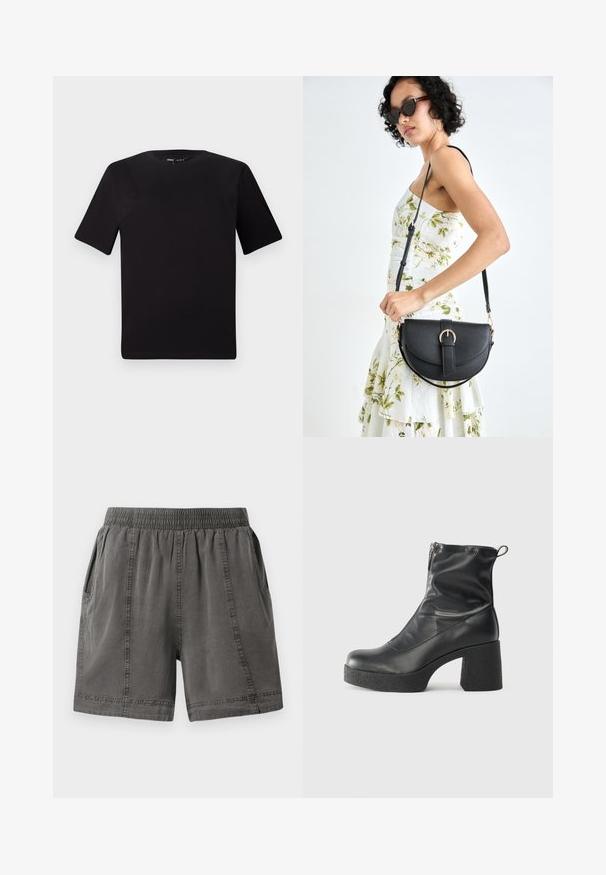 Czarna koszulka z krótkim rękawem o okrągłym dekolcie, wykonana z miękkiej bawełny. Prosty design, bez widocznych logo ani wzorów.; Szare szorty z mieszanki bawełny z elastycznym pasem, bocznymi kieszeniami i szytymi detalami wzdłuż szwów. Miękki materiał i luźny krój.; Czarne botki za kostkę wykonane z gładkiej skóry, wyposażone w boczny zamek błyskawiczny, masywny teksturowany obcas oraz zaokrąglony czubek.; Czarna skórzana torebka o zakrzywionym kształcie, z odpinanym paskiem i złotymi akcentami. Torebka posiada klapę z zapięciem w kształcie klamry.