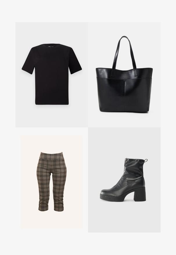 Black short-sleeve t-shirt with a round neckline, crafted from soft cotton fabric. Simple design, no visible logos or patterns.; Grey plaid cropped pants featuring a stretchy waistband, tailored fit, and textured fabric with black and lighter grey accents.; Black ankle boots made of smooth leather, featuring a side zipper, chunky textured heel, and rounded toe design.; Black leather tote bag with two long handles, a smooth texture, and a structured shape. Features a front pocket for additional storage.