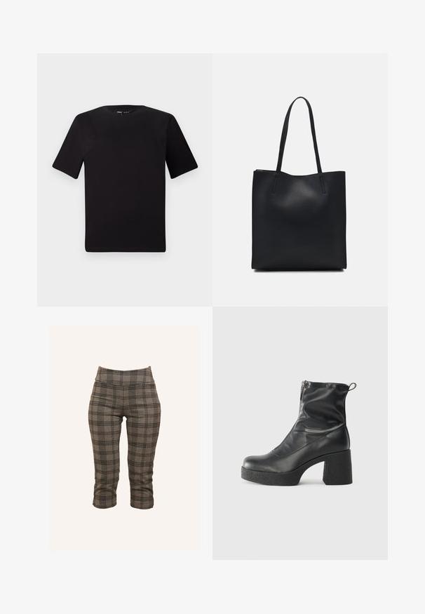 Musta lyhythihainen t-paita pyöreällä kaula-aukolla, valmistettu pehmeästä puuvillakankaasta. Yksinkertainen malli, ei näkyviä logoja tai kuvioita.; Harmaat ruudulliset lyhyet housut, joissa on joustava vyötärö, muotoiltu leikkaus ja teksturoitu kangas mustilla ja vaaleammilla harmailla sävyillä.; Mustat nilkkurit, jotka on valmistettu sileästä nahasta. Niissä on sivuvetoketju, paksu teksturoitu korko ja pyöristetty kärki.; Mustapahkainen kangaskassi, jossa on sileä pinta, suorakaiteen muotoinen ja kaksi pitkää kahvaa. Ei näkyvää metalliosaa tai koristeita.