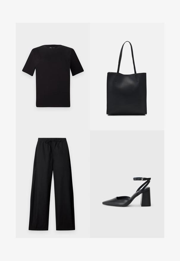 Svart t-skjorte med korte ermer og rund hals, laget av mykt bomullsstoff. Enkelt design, ingen synlige logoer eller mønstre.; Sorte vide benbukser med elastisk talje og snor. Lavet af letvægtsstof, med en glat tekstur og simpelt design.; Svart lær pumps med spiss tå, ankelrem og kraftig hæl. Flat tekstur, strømlinjeformet design og minimalisme.; Svart lær tote bag med glatt tekstur, rektangulær form og to lange håndtak. Ingen synlige deler eller dekorasjoner.