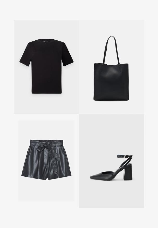 Black short-sleeve t-shirt with a round neckline, crafted from soft cotton fabric. Simple design, no visible logos or patterns.; Black leather shorts with a high waist, elastic band, removable tie belt, and sleek texture. Features a flat front and side pockets.; Black leather pointy-toe pump with an ankle strap and a chunky heel. Flat texture, sleek design, and minimalistic aesthetics.; Black leather tote bag with smooth texture, rectangular shape, and two long handles. No visible hardware or embellishments.