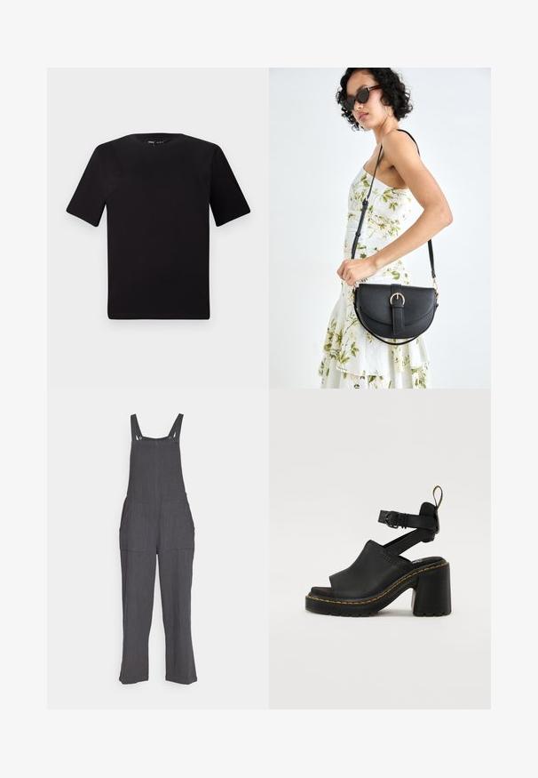 Black short-sleeve t-shirt with a round neckline, crafted from soft cotton fabric. Simple design, no visible logos or patterns.; Gray linen overalls with wide legs, adjustable straps, and two large front pockets. Features a textured fabric and snap fasteners.; Black heeled sandals with open toe, adjustable ankle strap, smooth leather upper, and textured rubber sole featuring yellow stitching detail.; Black leather handbag with a curved shape, detachable strap, and gold hardware. The bag features a flap with a buckle detail.