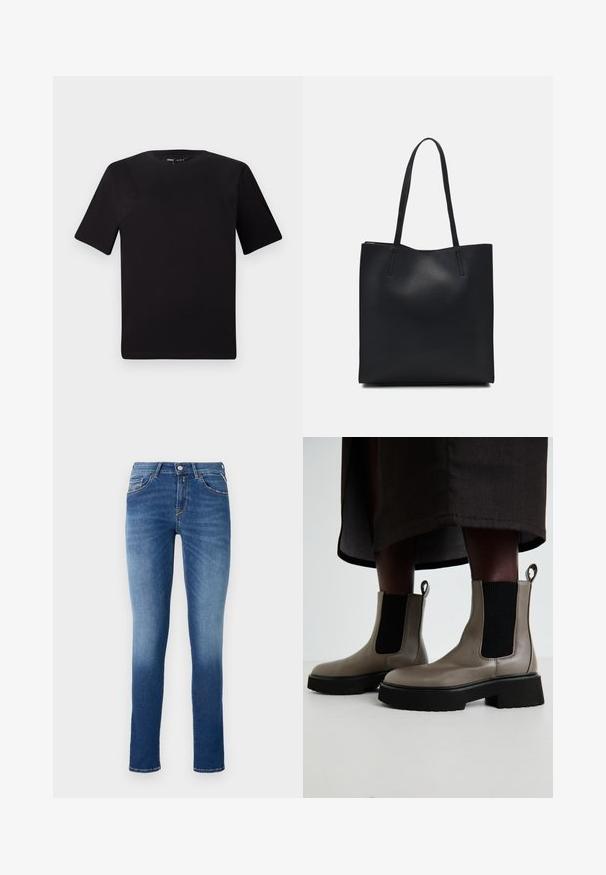 Fekete, rövid ujjú póló, kerek nyakkal, puha pamutból készült. Egyszerű dizájn, nincs látható logó vagy minta.; Kék farmernadrág, vékony fazonnal, középmagas derékkal, öt zsebbel és világos kopás hatással a combtól a szegélyig.; Szürke bokacsizmák texturált bőrből, elasztikus oldalpanellel és vastag fekete talppal. Könnyű felvételt biztosító húzófülek találhatók rajtuk.; Fekete bőrtáska sima felszínnel, téglalap alakú, két hosszú füllel. Nincs látható fémkiegészítő vagy díszítés.