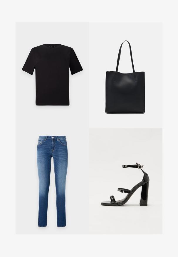 Juodas trumpas rankovės marškinėlis su apvaliu iškirpimu, pagamintas iš minkštos medvilnės medžiagos. Paprastas dizainas, be matomų logotipų ar raštų.; Mėlynos džinsinės kelnės, pasižyminčios siauru siluetu, vidutinio aukščio juosmeniu, penkiais kišenėmis ir šviesiu išblukimu nuo šlaunų iki apačios.; Juoda blizgi lakuota basutė su kvadratiniu pirštu, kulkšnies dirželiais ir sidabro sagtimis. Yra tvirta blokinė kulno konstrukcija, užtikrinanti stabilumą.; Juodas odinis tote krepšys su lygia tekstūra, stačiakampio formos ir dviem ilgais rankenomis. Matomų metalinių detalių ar puošybos nėra.