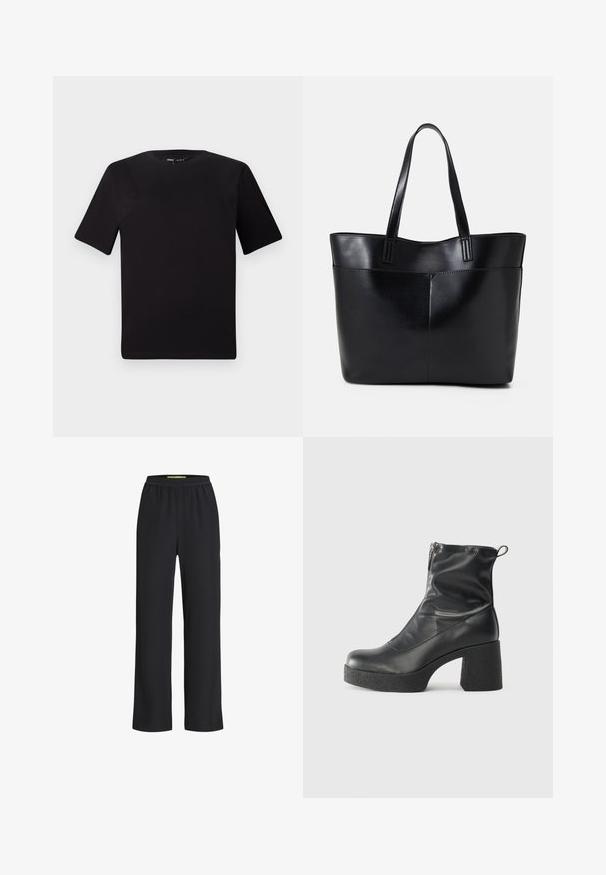 Sort kortærmet t-shirt med rund halsudskæring, lavet af blødt bomuldsstof. Enkel design, ingen synlige logoer eller mønstre.; Sorte bredde-ben bukser med elastisk talje, lavet af et blødt stof, der har en glat overflade og en løs pasform hele vejen ned ad benene.; Sorte ankelstøvler lavet af glat læder, med en sidelukning, kraftig struktureret hæl og rundt tådesign.; Sort læder tote taske med to lange håndtag, en glat tekstur og en struktureret form. Har en forlommem for ekstra opbevaring.
