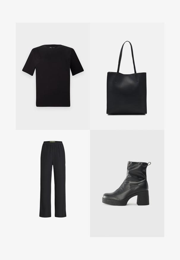 T-shirt preta de mangas curtas com decote redondo, feita de tecido de algodão suave. Design simples, sem logótipos ou padrões visíveis.; Calças largas pretas com uma cintura elástica, feitas de um tecido suave, apresentando uma textura lisa e um corte solto ao longo das pernas.; Botas de tornozelo pretas feitas de couro liso, com fecho lateral, salto grosso texturizado e design de bico arredondado.; Bolsa tote preta em couro com textura lisa, forma retangular e duas alças longas. Sem hardware ou enfeites visíveis.
